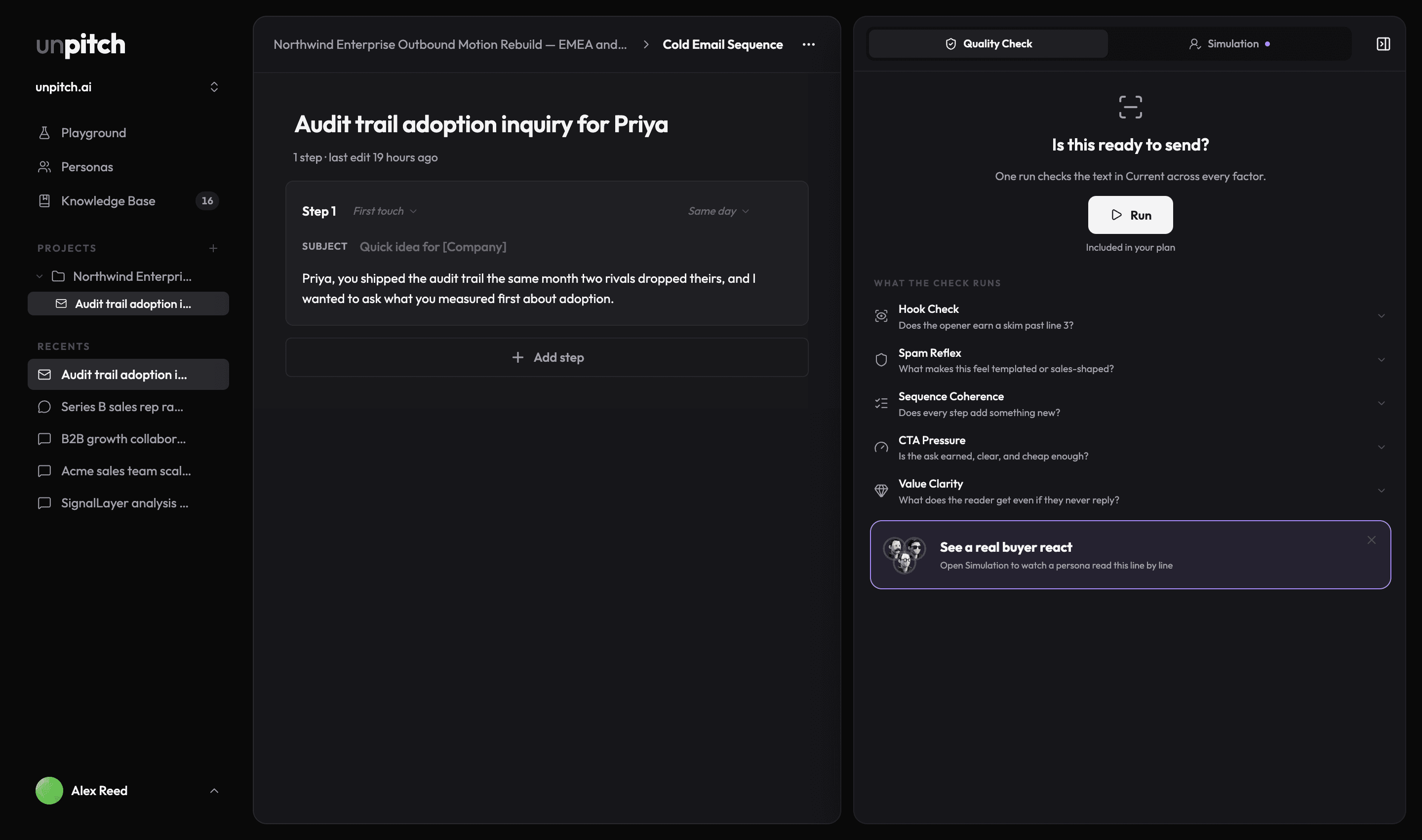 The Quality Check tab before any run, headed Is this ready to send?, with the Run button and the WHAT THE CHECK RUNS factor list below it