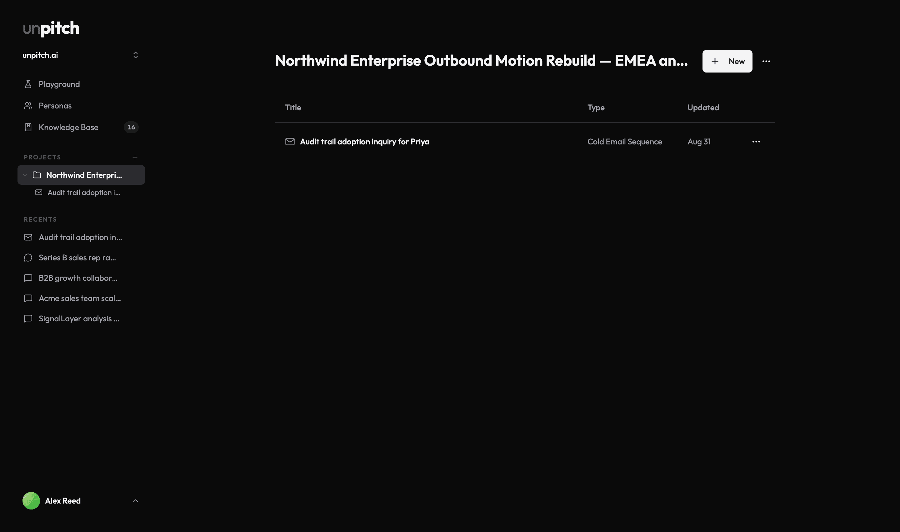 A project page showing its Title, Type and Updated table, the New button and the project actions menu in the header