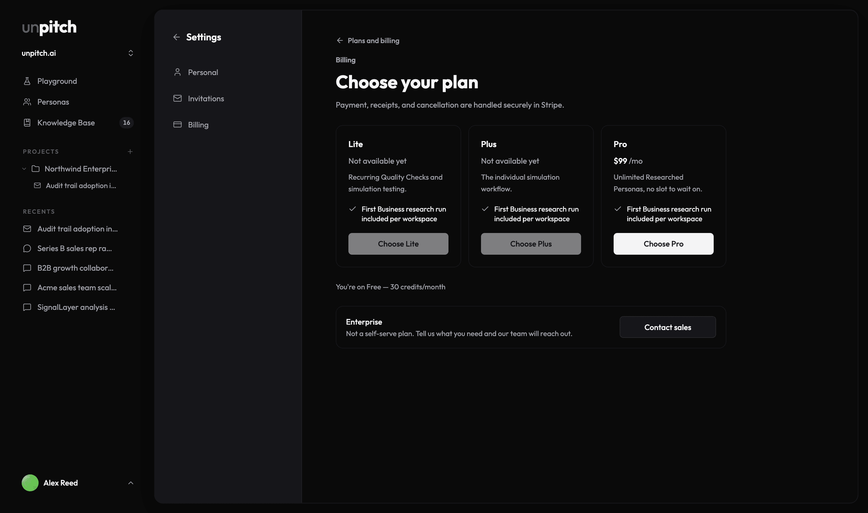 The Choose your plan screen with the Lite, Plus and Pro cards side by side, Lite and Plus reading Not available yet where a price would be, and the line below stating which plan you are on