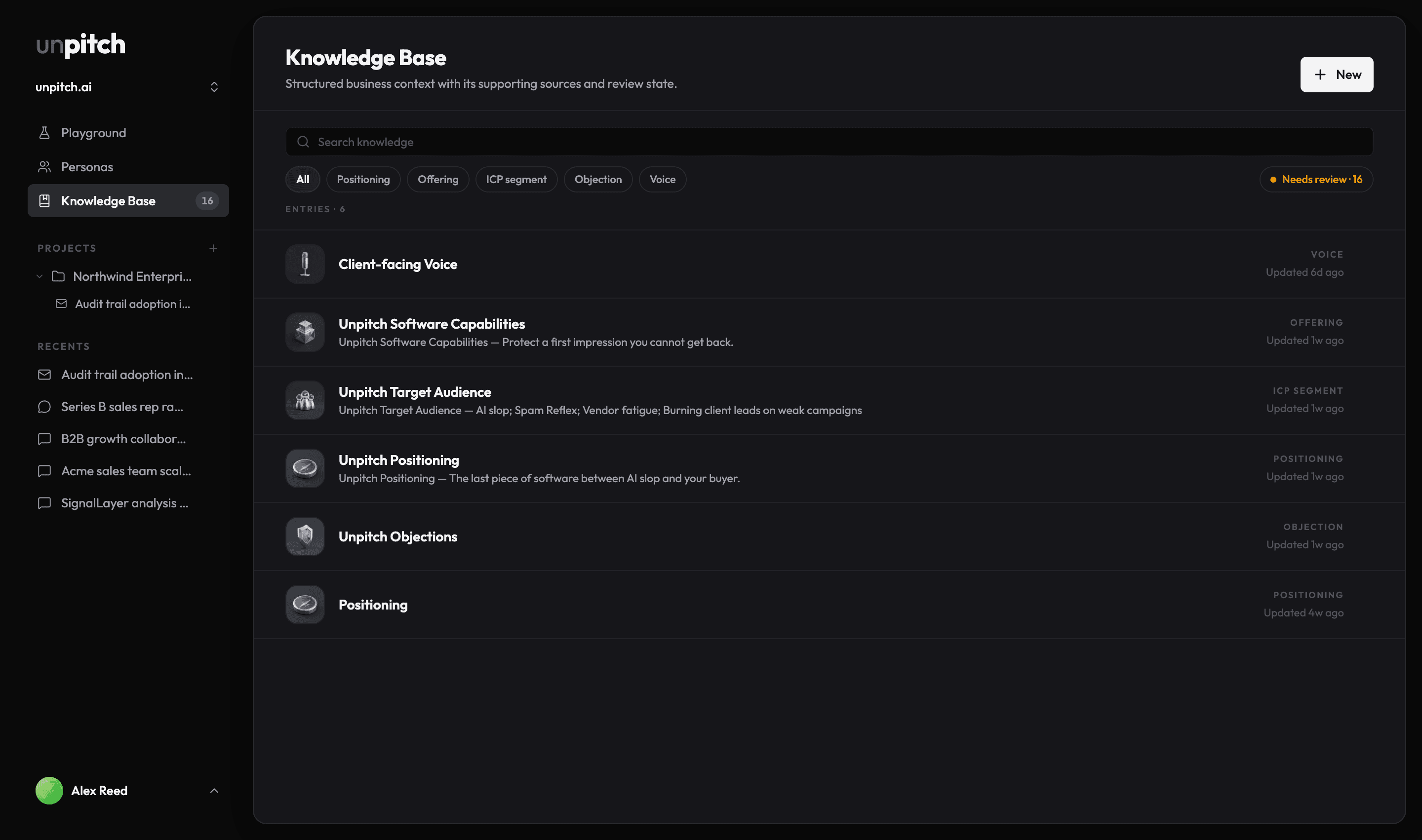 The Knowledge Base shelf listing several knowledge files, with the type filter chips and the Needs review chip above them
