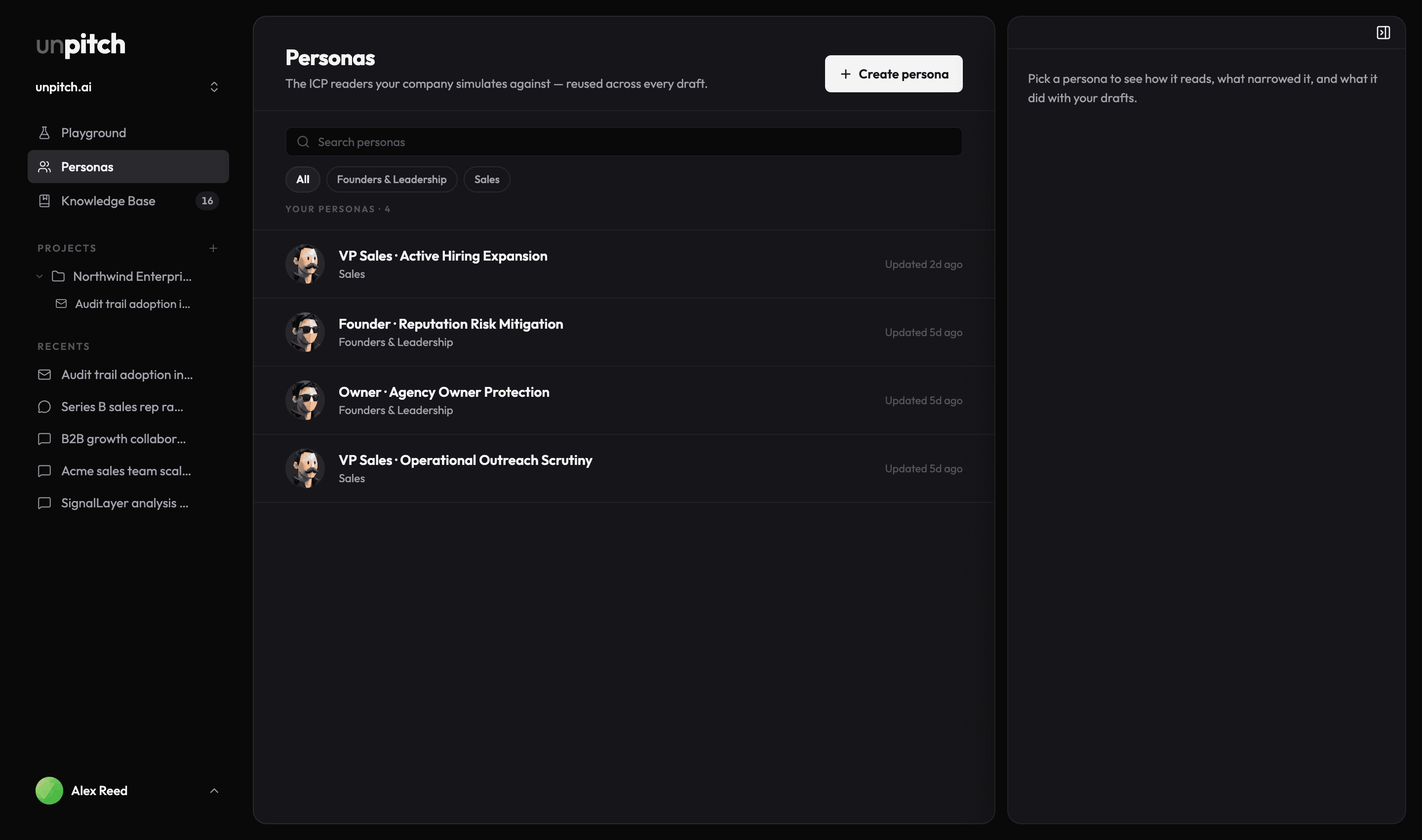 The Personas library with several saved personas listed and the All chip active