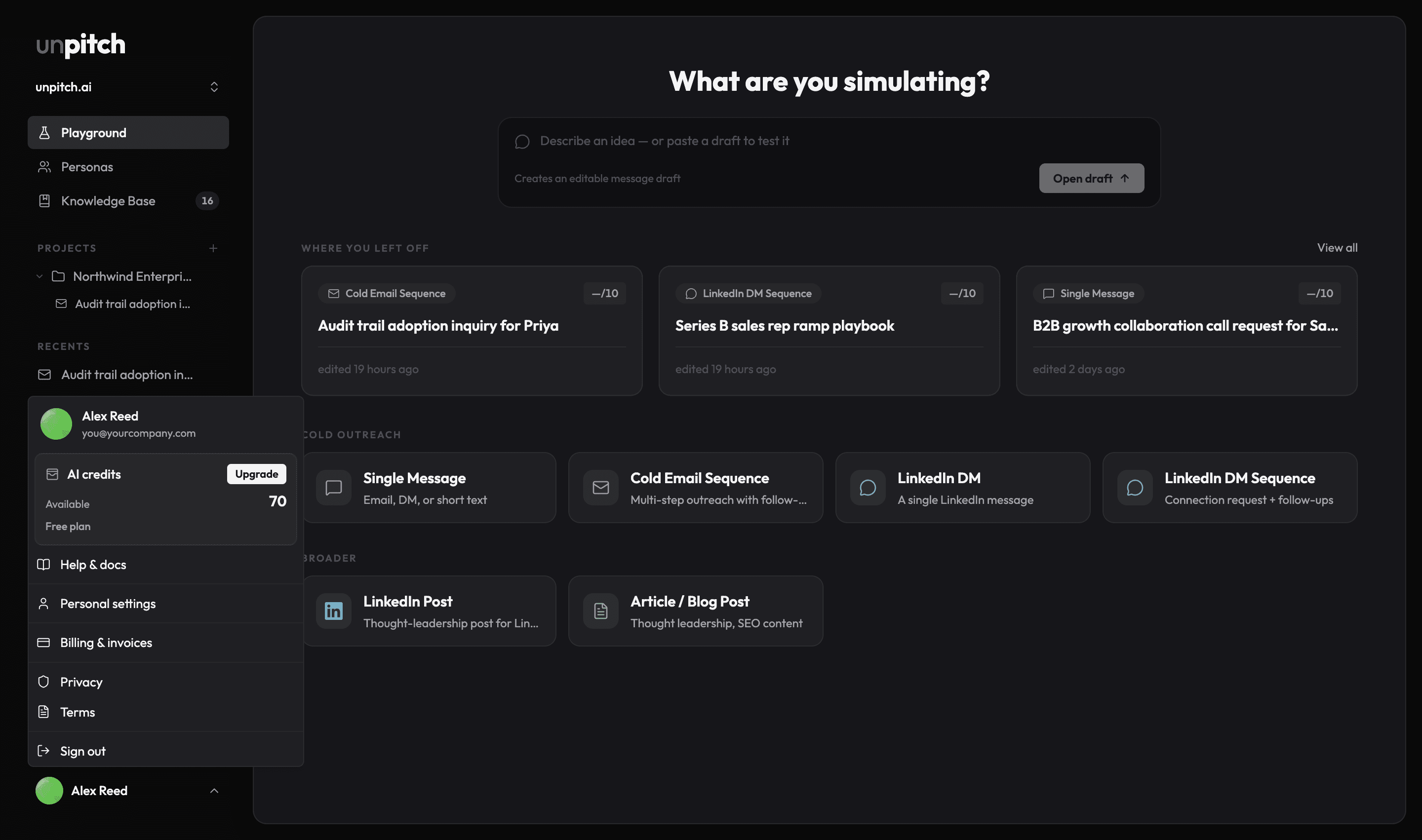 The account menu open, showing the AI credits card with the balance, plan name and Upgrade button, above Help and docs, Personal settings, Billing and invoices, Privacy, Terms and Sign out