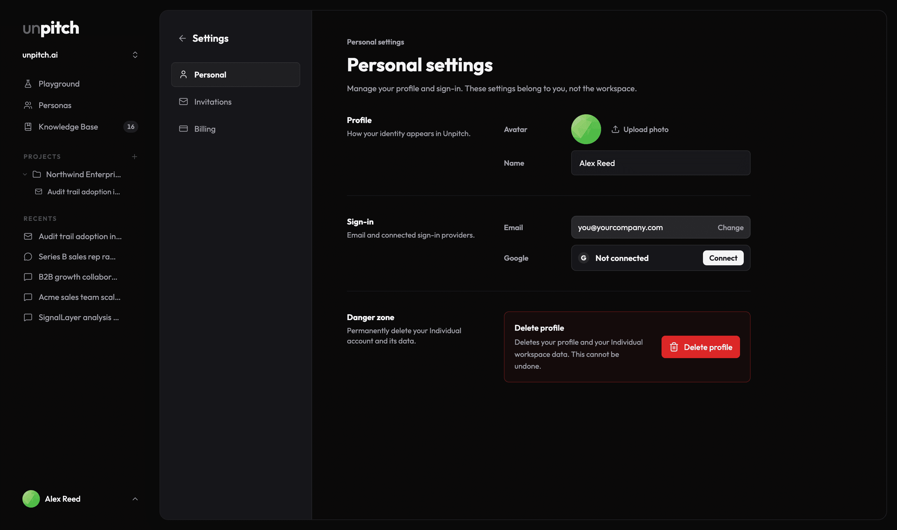 The Personal settings screen showing the avatar with Upload photo, the Name field, the email address with a Change button, the Google row reading Not connected, and the Danger zone holding Delete profile