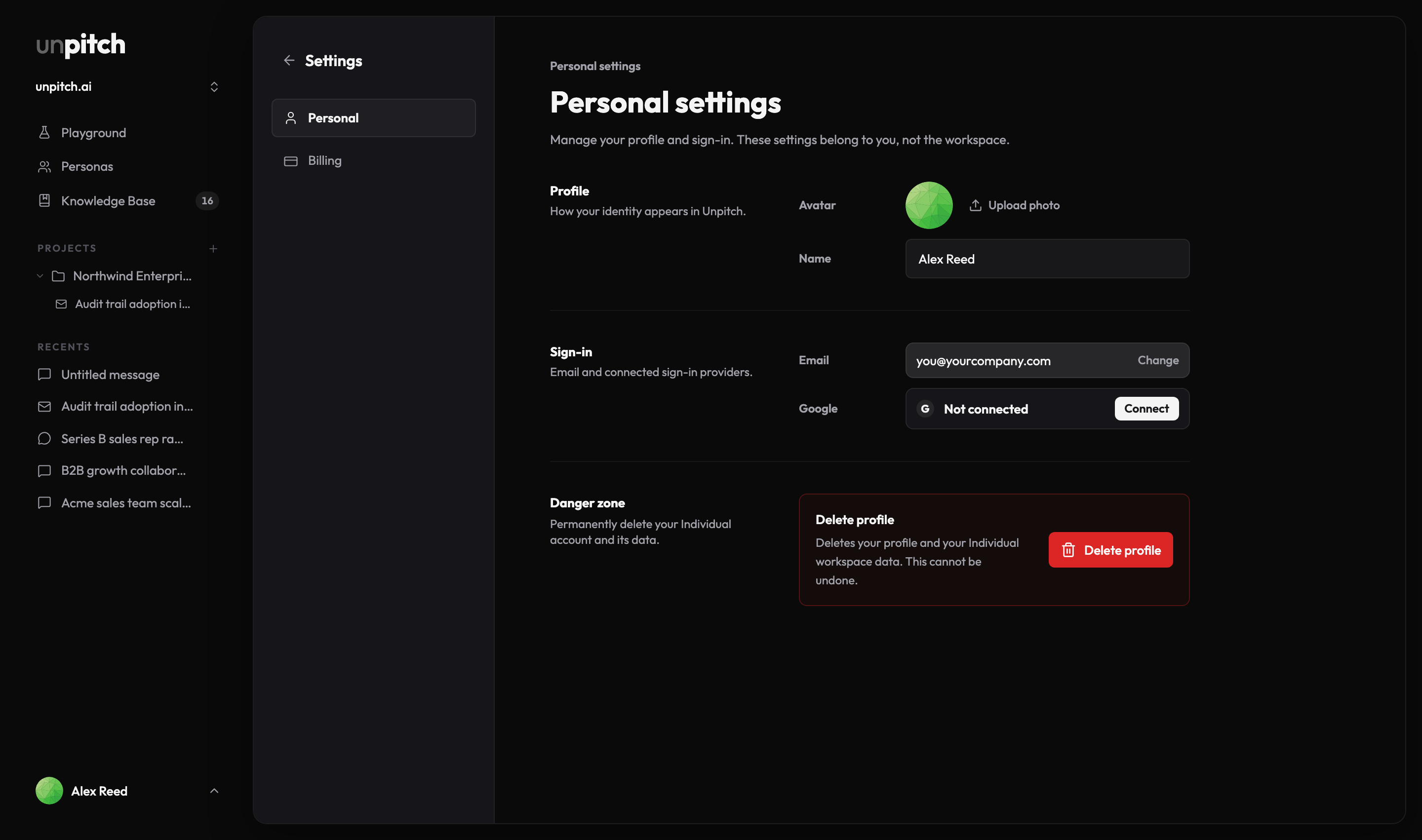 The Personal settings screen showing the avatar with Upload photo, the Name field, the email address with a Change button, the Google row reading Not connected, and the Danger zone holding Delete profile