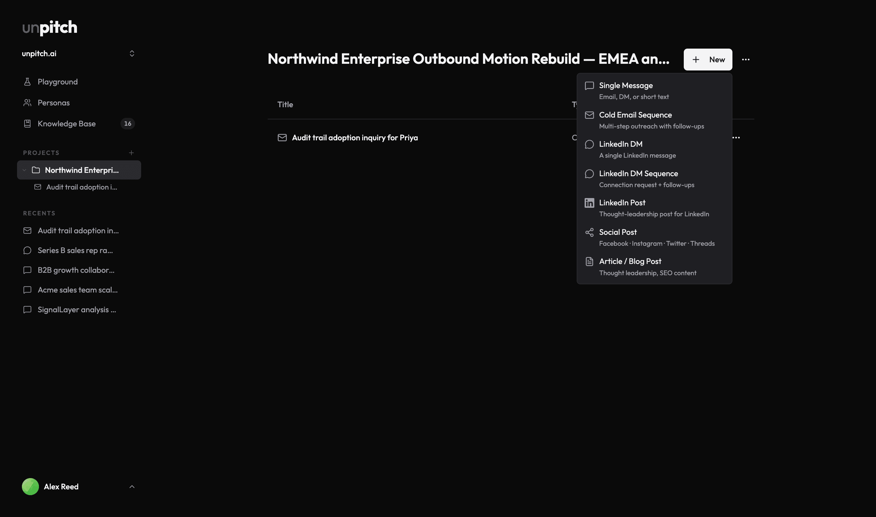 The New menu open on a project page, listing all seven document types with their taglines