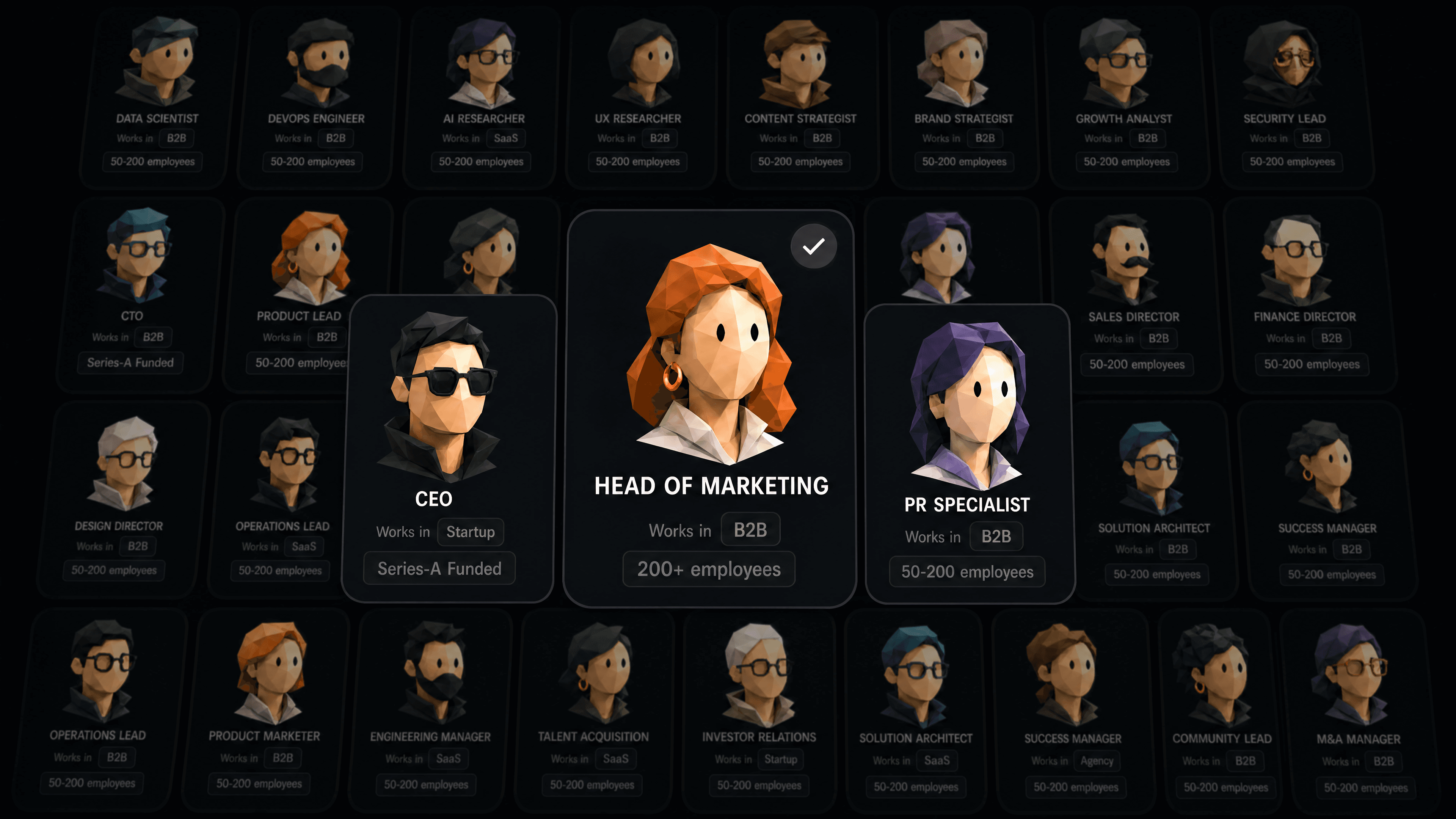 Grid of unpitch audience personas — CEOs, CTOs, marketers, designers and other roles