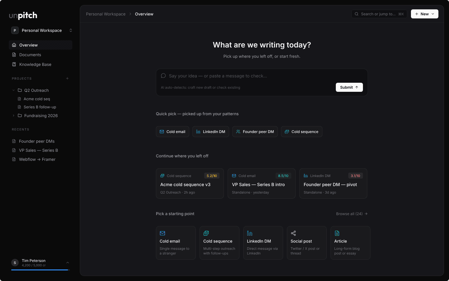 unpitch product — Personal Workspace overview, with paste prompt, quick picks for cold email, LinkedIn DM and sequences, and recent drafts with quality scores